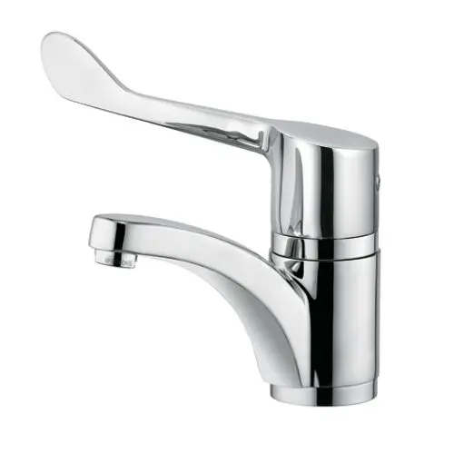 Waschtischarmatur von Kludi mit einem Hebel aus Chrom, der zur Regelung von Wasserfluss und -temperatur dient. Schlichtes Design für sanitäre Einrichtungen.